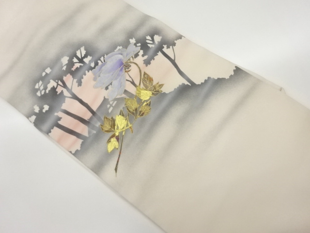 塩瀬金彩草花に木々・家屋模様名古屋帯